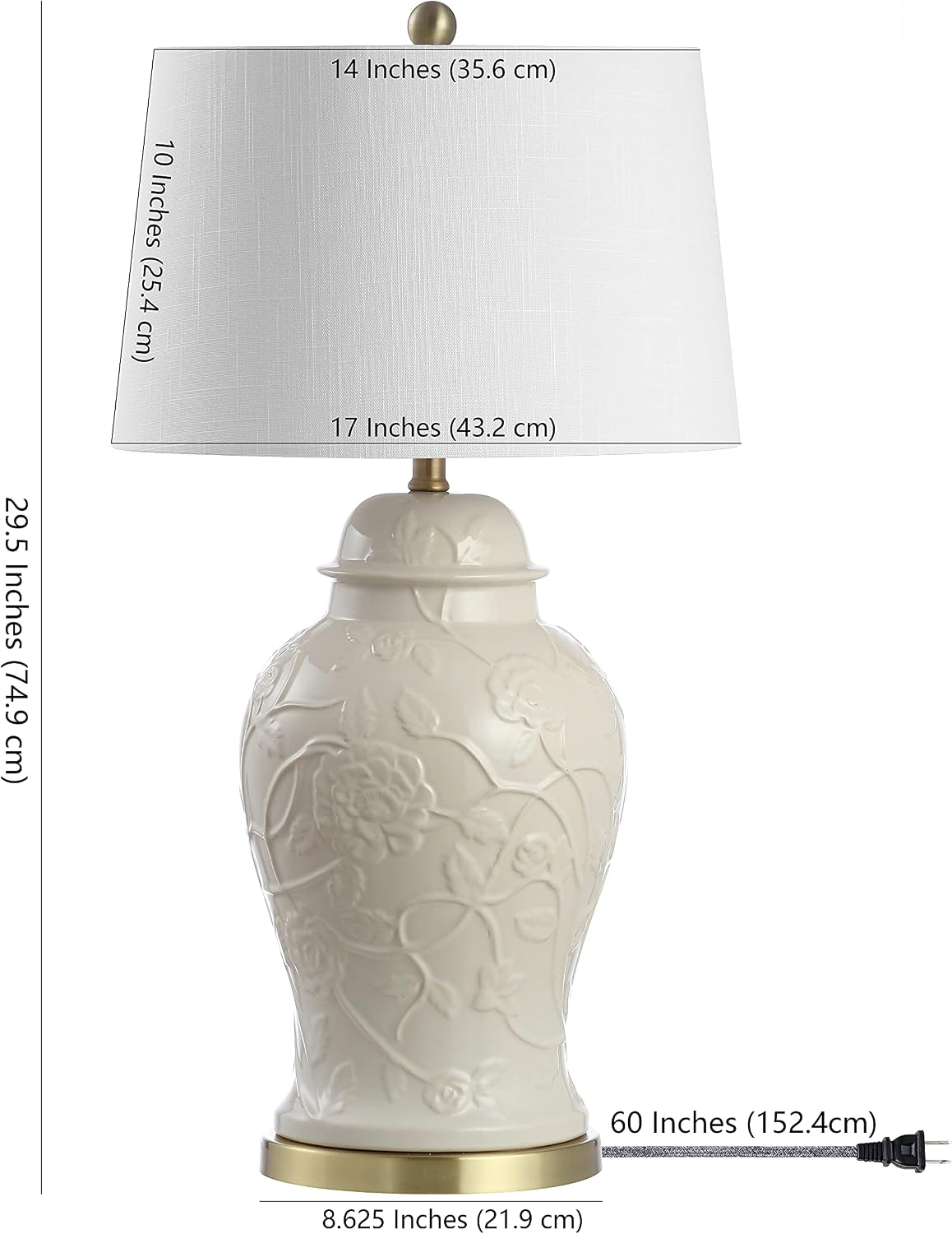 JONATHAN Y 29.5in Cream Ceramic Chinoiserie Ginger Jar Table Lamp Brass Base