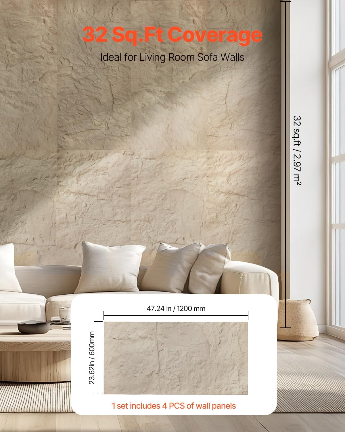 VEVOR 3D Wall Panels 4 Pack 48x24in PU Stone Look 32 Sq Ft Accent Wall