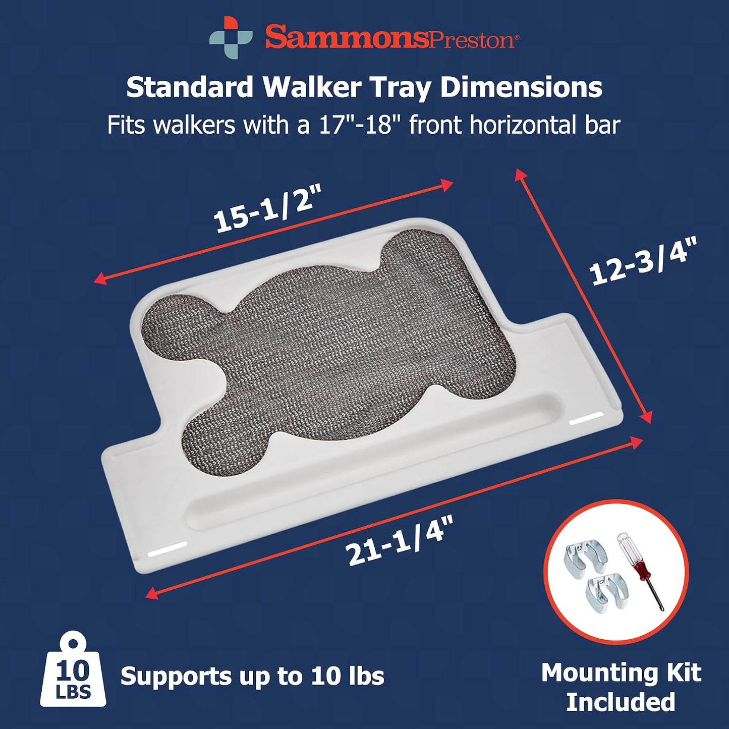 Sammons Preston Standard Walker Tray Clip-On w/ Cup Holders Raised Edge