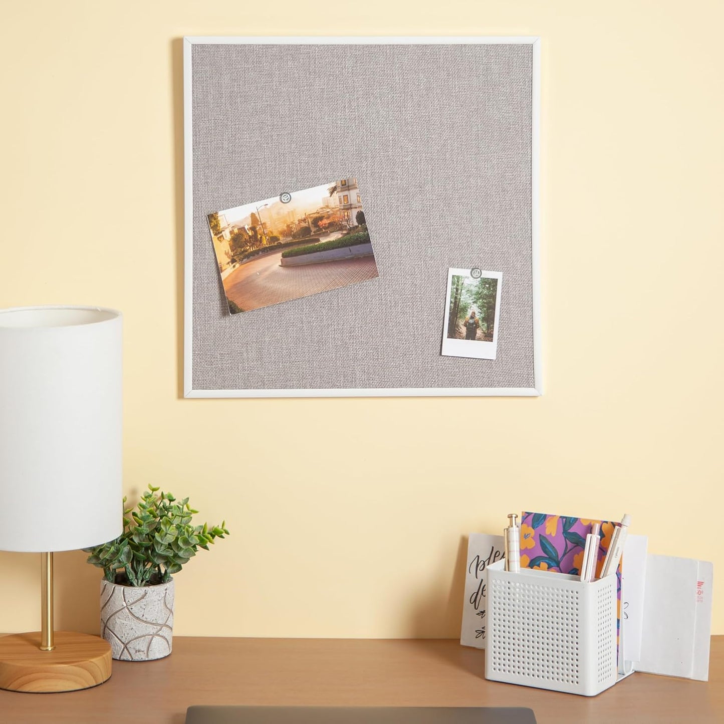 U Brands Farmhouse Linen Bulletin Board 14x14 White Metal Frame Pin Board