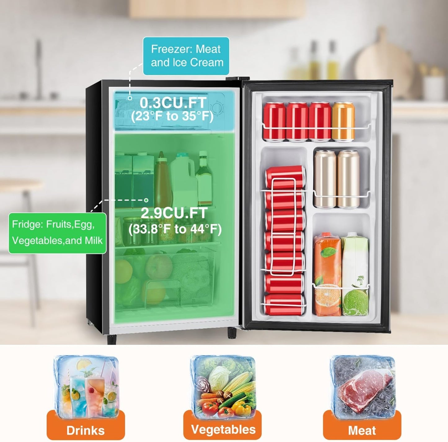Sweetcrispy 3.2 Cu Ft Mini Fridge w/ Freezer Compact Refrigerator Open Box