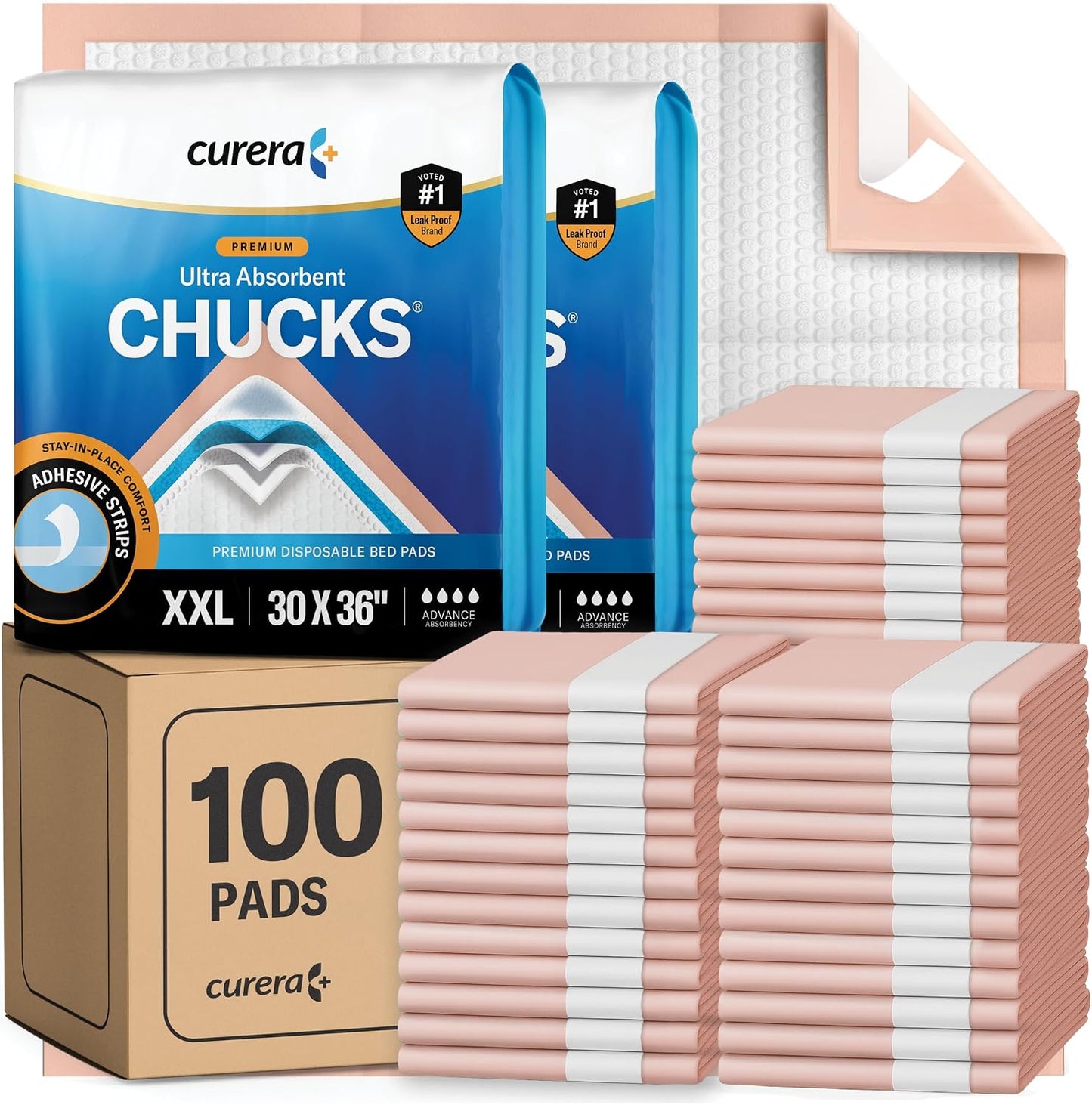 Curera Chucks 30x36 Premium Disposable Underpads 100 Ct w/ Adhesive Tape