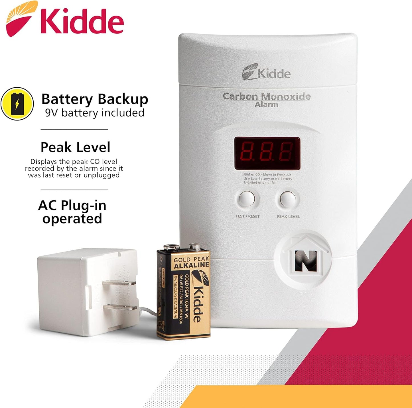 Kidde Plug In Carbon Monoxide Detector 9V Battery Backup Digital LED Display