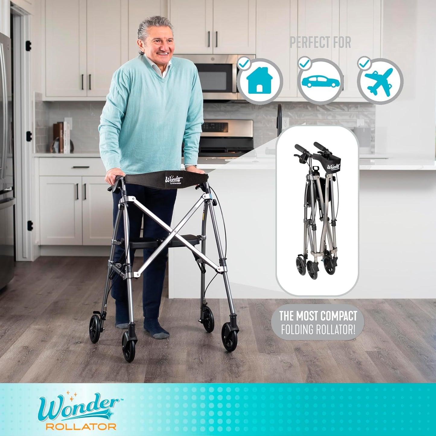 Stander Space Saver Rollator Lightweight Folding Rolling Walker w/ Seat