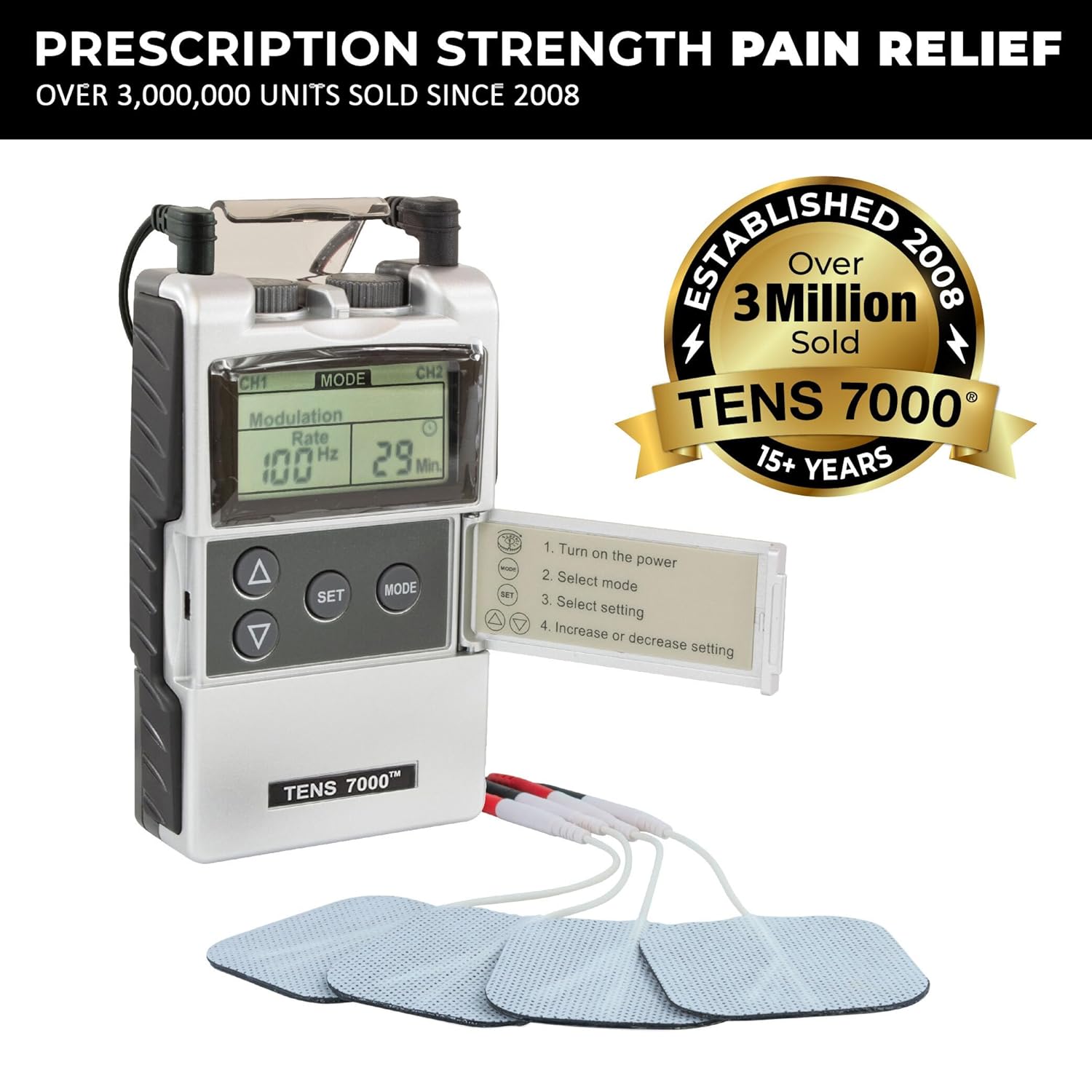 TENS 7000 Digital TENS Unit Muscle Stimulator w/ Accessories Back Pain Relief