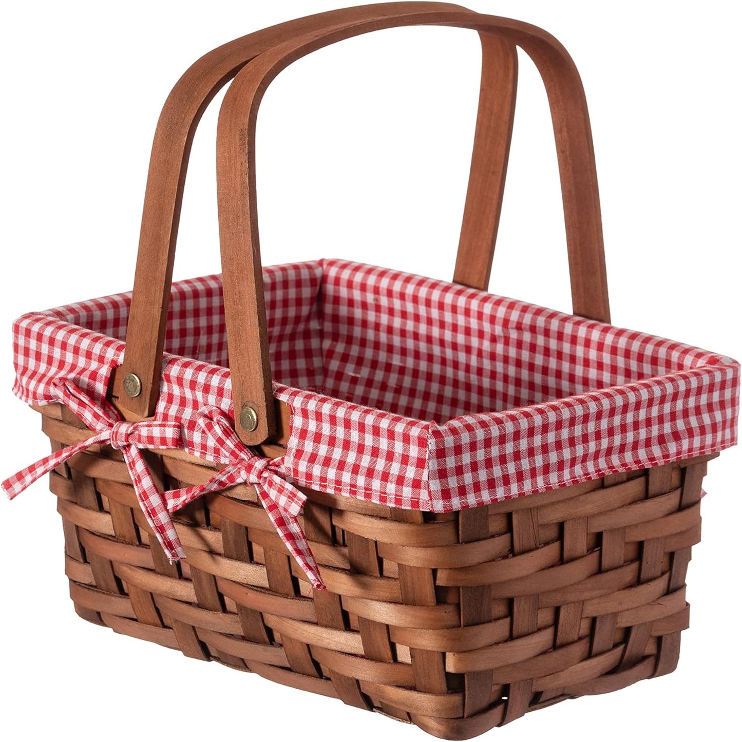 Wickerwise Small Woodchip Picnic Basket Folding Handles Gingham Red Lining