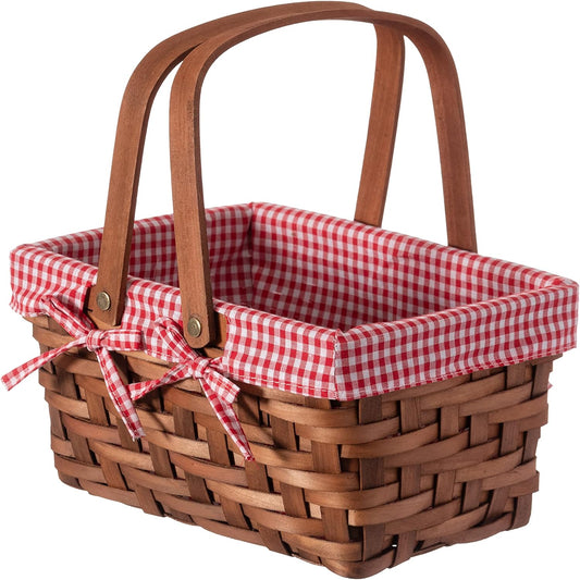 Wickerwise Small Woodchip Picnic Basket Folding Handles Gingham Red Lining
