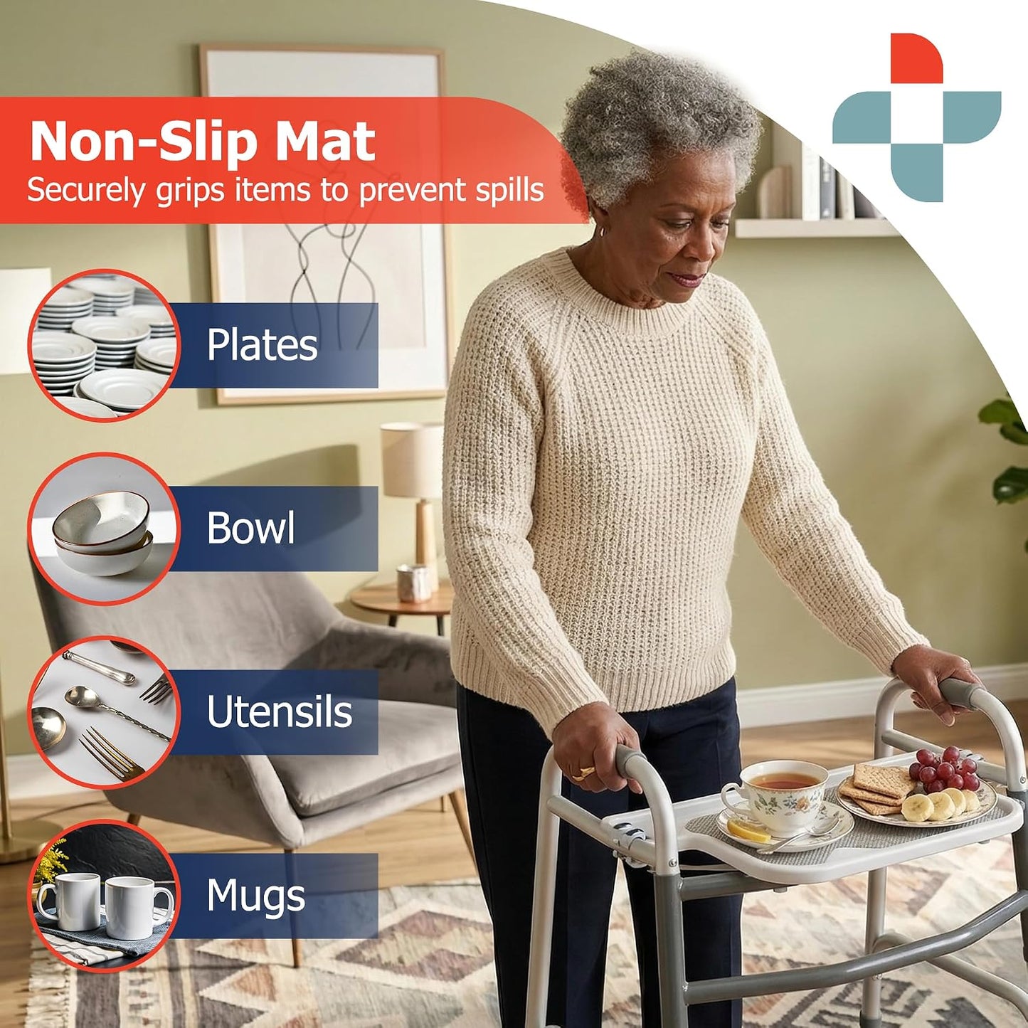 Sammons Preston Standard Walker Tray Clip-On w/ Cup Holders Raised Edge