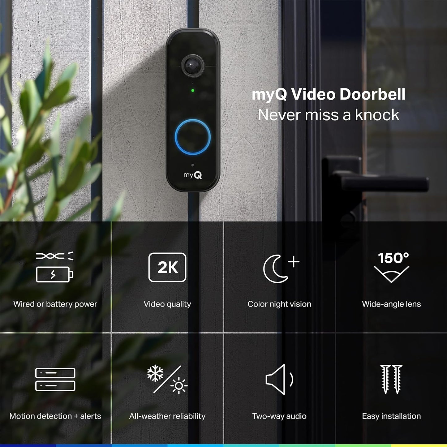 Chamberlain myQ Smart Video Doorbell 2K HDR Battery/Wired Night Vision Black