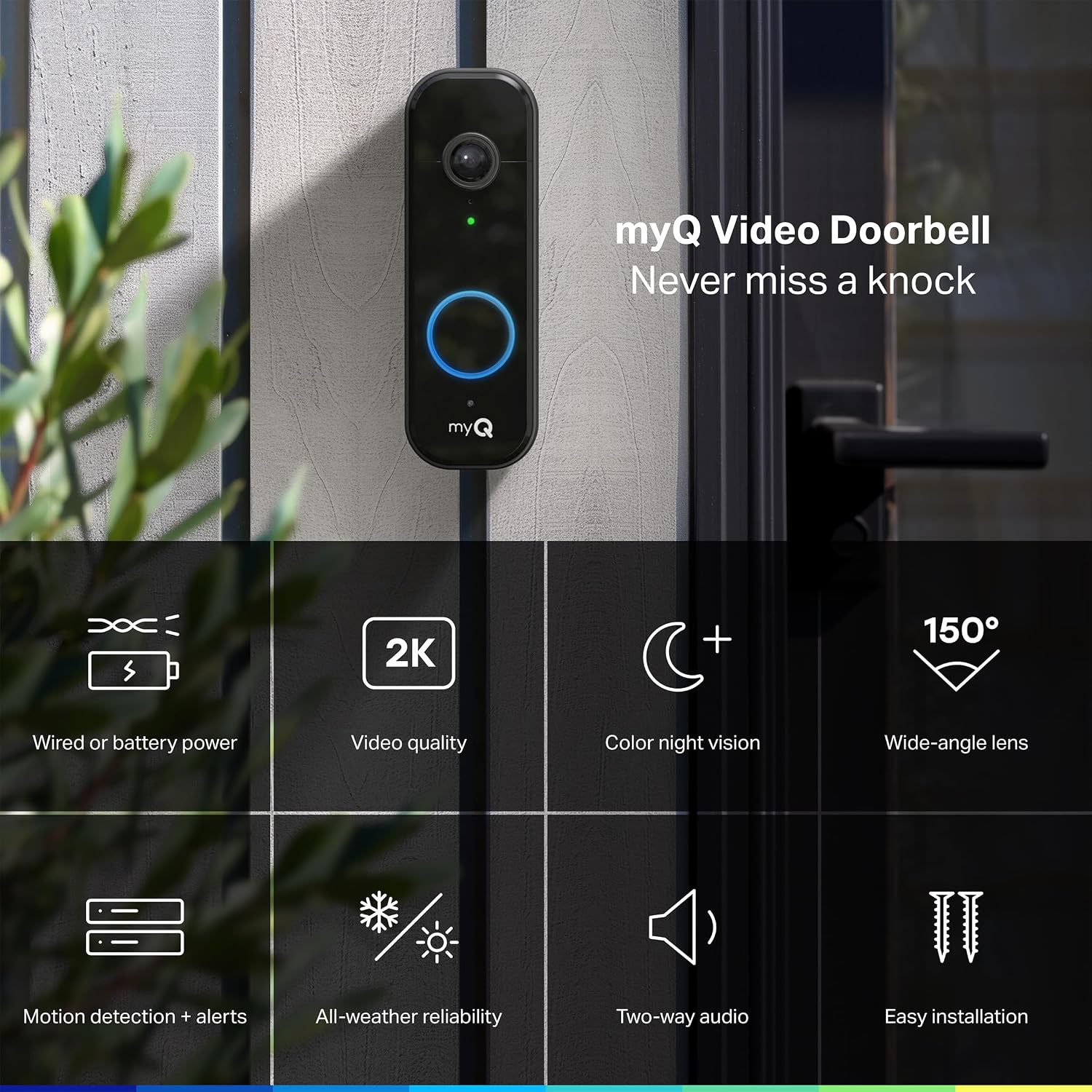 Chamberlain myQ Smart Video Doorbell 2K HDR Battery/Wired Night Vision Black