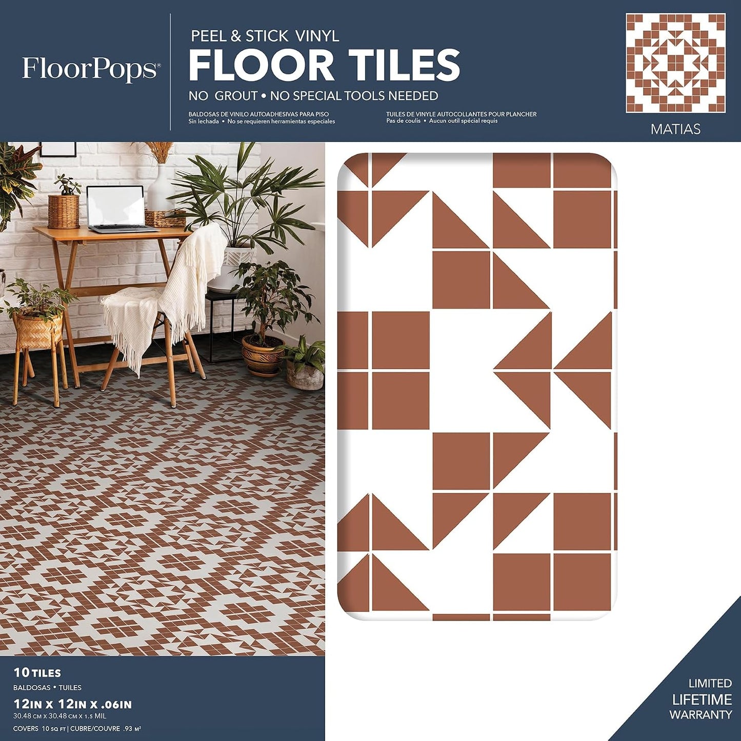 FloorPops FP4946 Matias Peel & Stick Floor Tiles 12x12in Terracotta