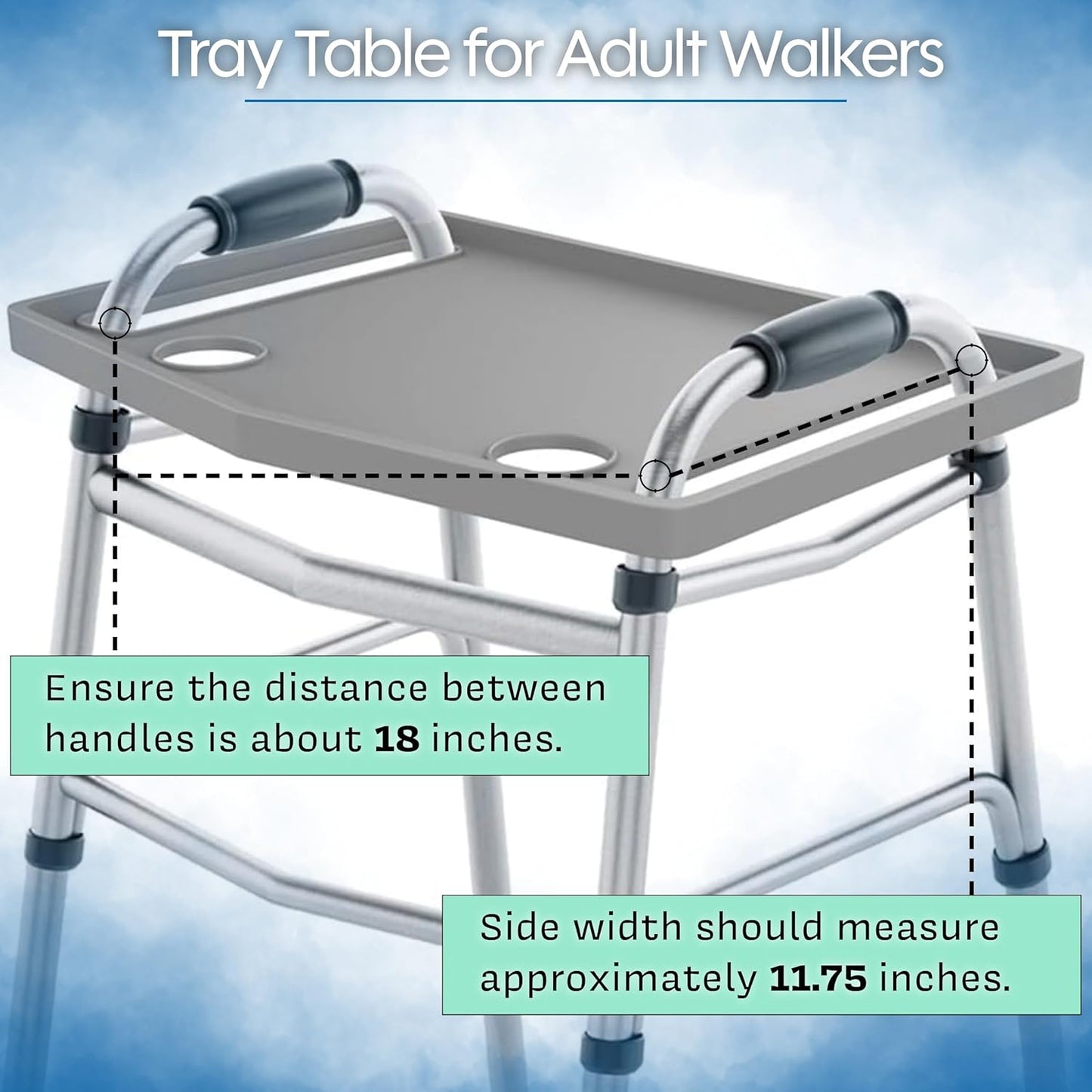 Bluestone Walker Tray Table w/ 2 Cup Holders for Folding Walkers Gray