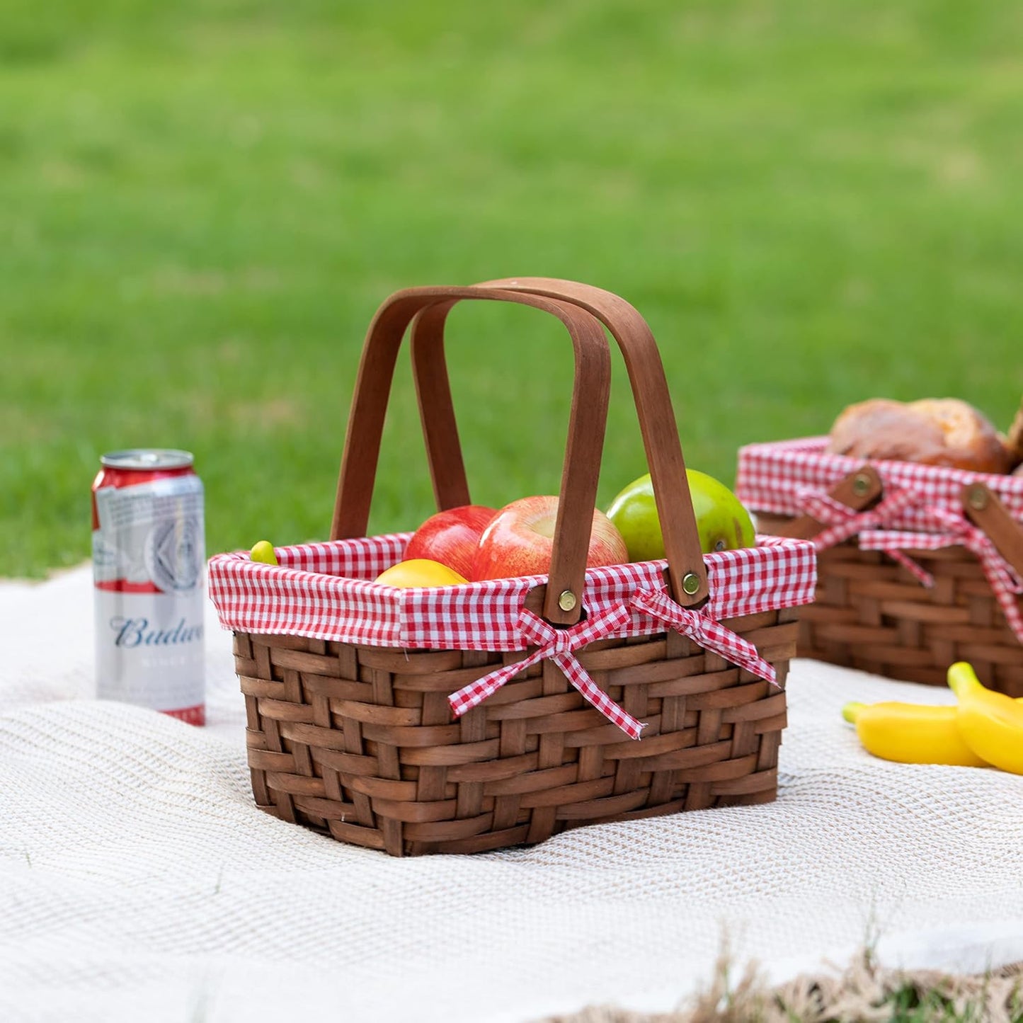 Wickerwise Small Woodchip Picnic Basket Folding Handles Gingham Red Lining