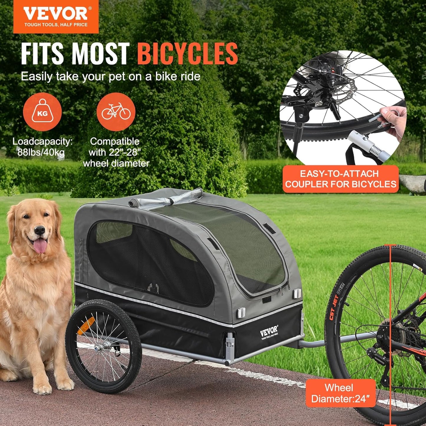 VEVOR Dog Bike Trailer 88 lb Folding Pet Cart Bicycle Carrier Quick Release