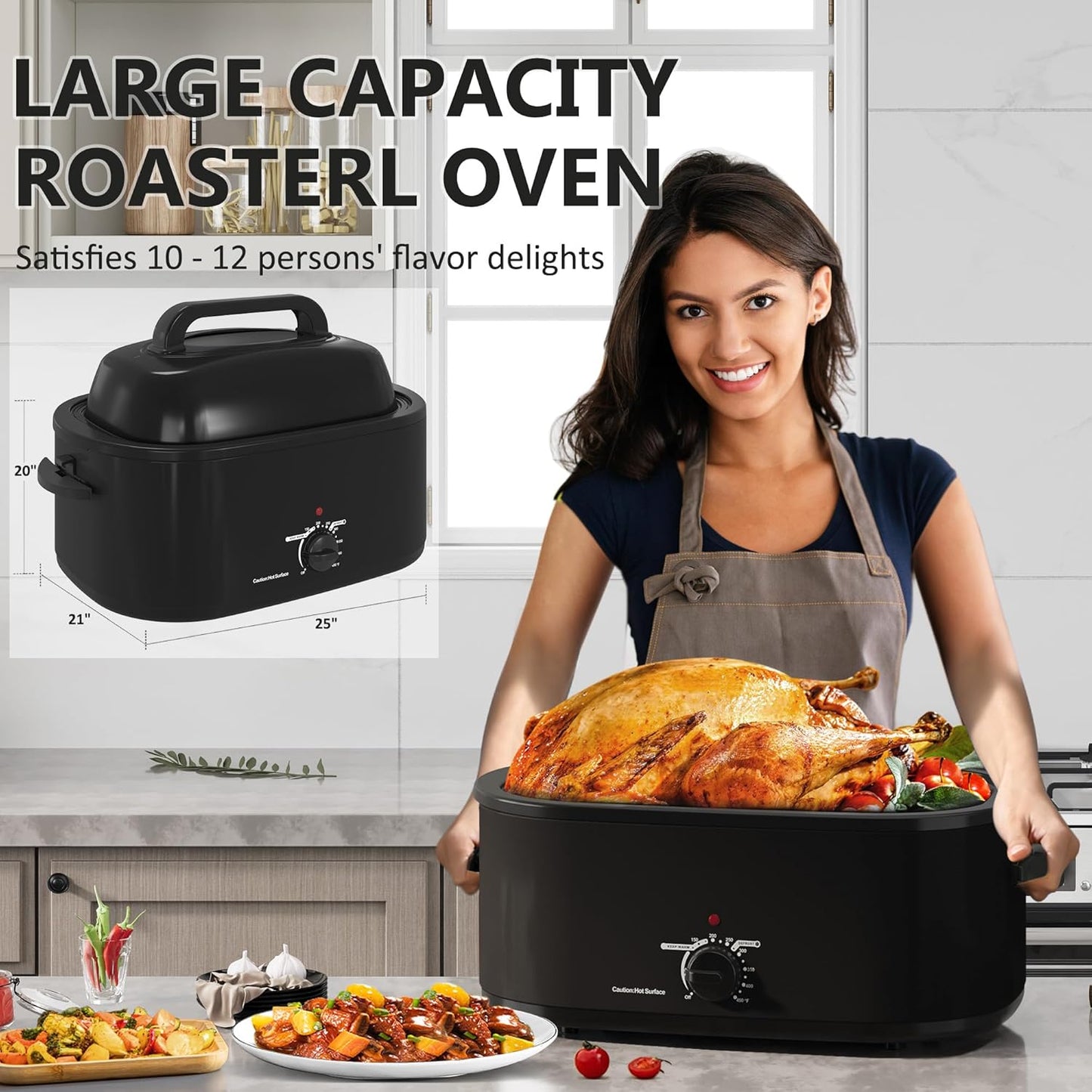 SUNVIVIPRO 28 Qt Electric Turkey Roaster Oven Self-Basting Lid Stainless Black