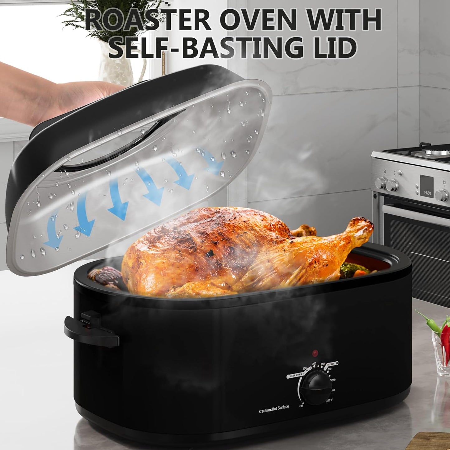 SUNVIVIPRO 28 Qt Electric Turkey Roaster Oven Self-Basting Lid Stainless Black