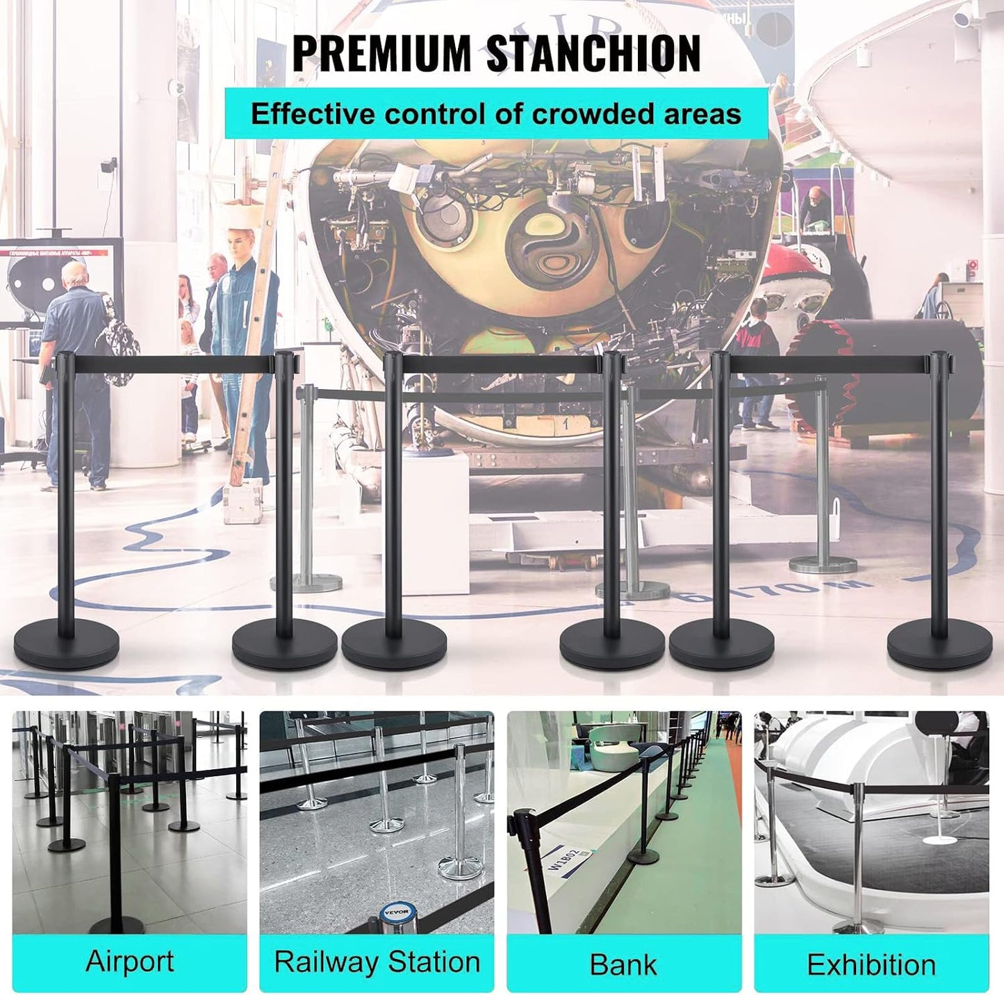 EliteEdge Crowd Control Stanchion Queue Post w/ 6.5ft Retractable Belt 36in