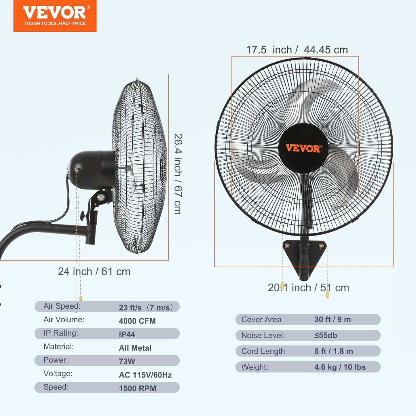 VEVOR 18in Wall Mount Fan 2 PCS Oscillating 3-Speed 4000 CFM Industrial