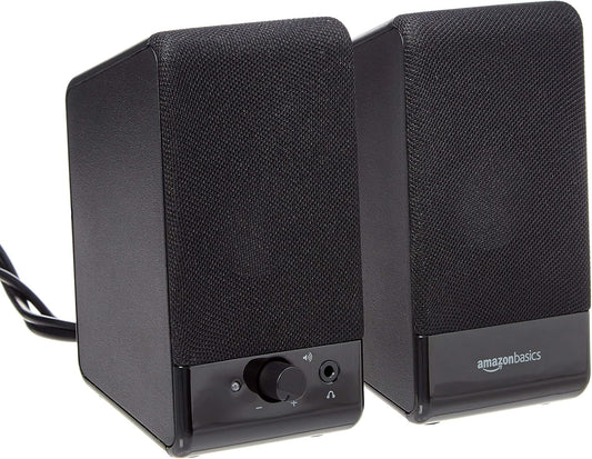 Amazon Basics USB-Powered Computer Speakers with Volume Control for Desktop or Laptop PC, Compact Size, Headphone Jack, Portable, Plug-N-Play, Black