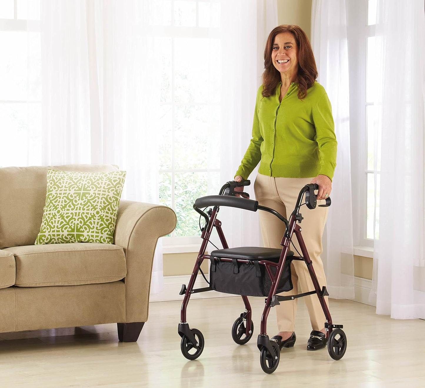 Medline Steel Rollator Walker w/ Seat Burgundy 350 lb 6in Wheels Foldable
