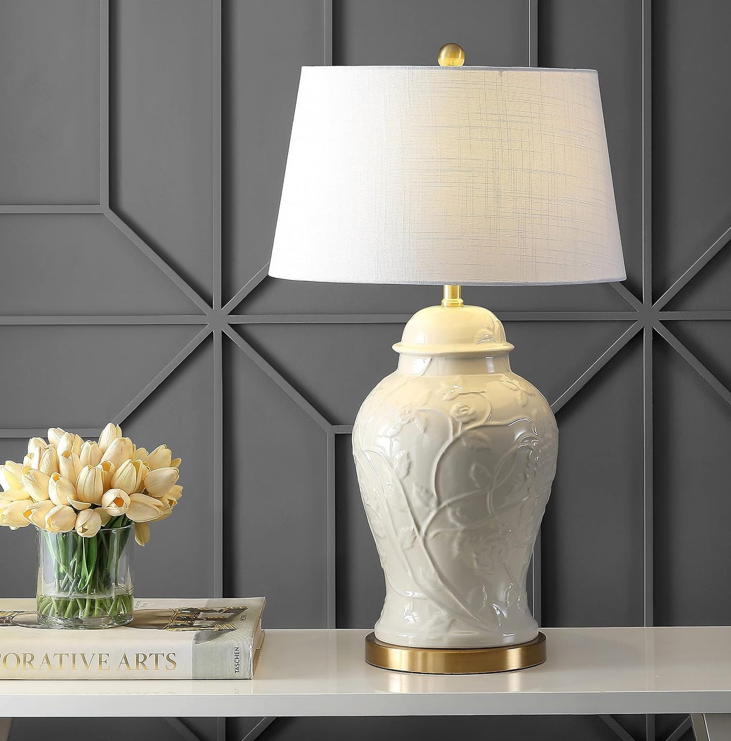 JONATHAN Y 29.5in Cream Ceramic Chinoiserie Ginger Jar Table Lamp Brass Base