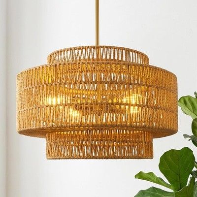 Audickic 18in Boho Rattan Chandelier 4-Light 3-Tier Hand Woven Dining Gold Brown
