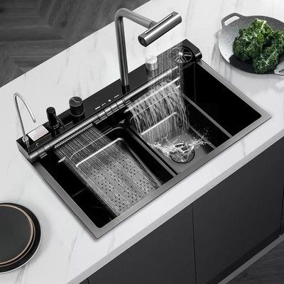 30in Black Drop In Smart Kitchen Sink Workstation w/ 4-in-1 Pull-Out Faucet