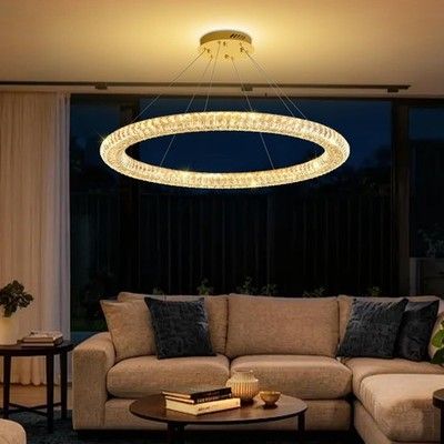 IDEQUY 31.5in Gold Ring Crystal Chandelier Dimmable LED Pendant Dining Light