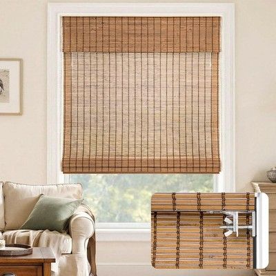 LazBlinds No-Drill Cordless Roman Shade 33x64in Natural Wood Bamboo Umber