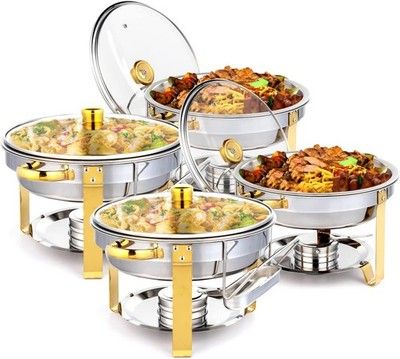 ROVSUN 4 Pack 5QT Gold Chafing Dish Buffet Set NSF Stainless w/ Glass Lid Holder