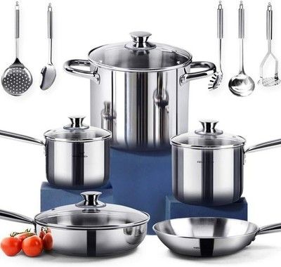 HOMICHEF 14pc Nickel Free Stainless Steel Cookware Set Non-Toxic Pots & Pans