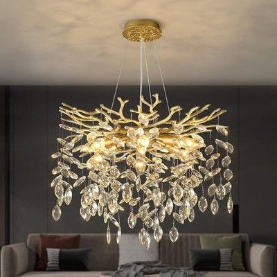 EGM 18in Gold Tree Branch Crystal Chandelier 6-Light Raindrop Dining Pendant