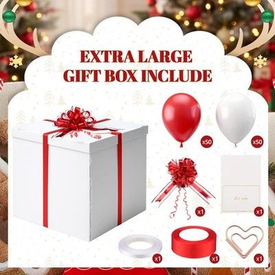 Kolldenn 28x28x28 Giant Gift Box w/ Lid Ribbon Card & 100 Balloons White