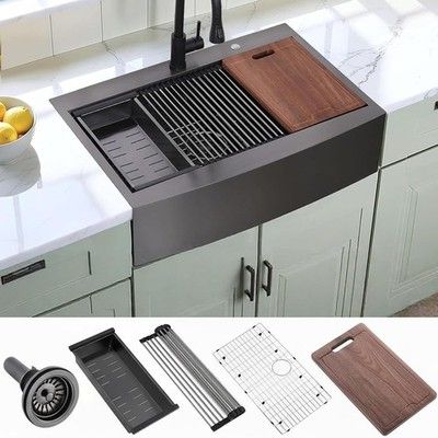 33 Inch Drop In Farmhouse Sink Black, 33x22 Inch Gunmetal Black Top Mount