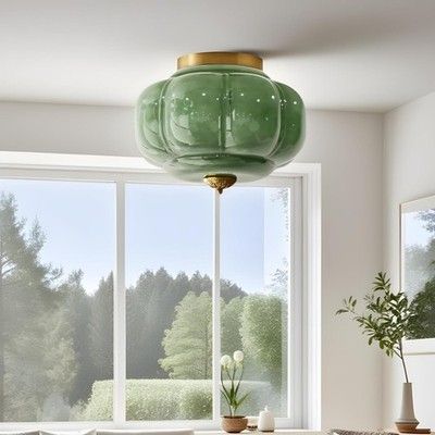 Bofea Mid Century Semi Flush Mount Ceiling Light Green Glass Hallway Gold Brass