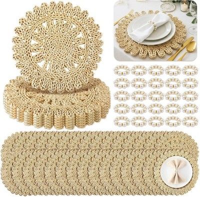 Gandeer 50 Pcs 13.8in Corn Husk Woven Round Placemats Set w/ Pearl Napkin Rings