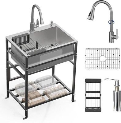 FAUENPEEY Utility Sink 25x18in Stainless Steel Freestanding Laundry Sink Faucet