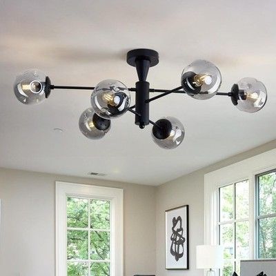 hesoge Sputnik Semi Flush Mount Ceiling Light Black 6-Light Glass Globe Fixture