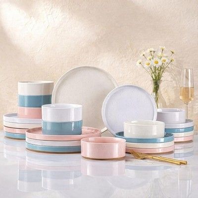 AmorArc 24pc Ceramic Dinnerware Set for 8 Stoneware Plates Bowls Microwave Safe