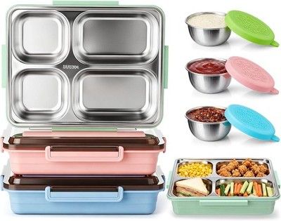FoldTier 3 Pack Stainless Steel Bento Lunch Box 4-Compartment Leakproof w/ Cups