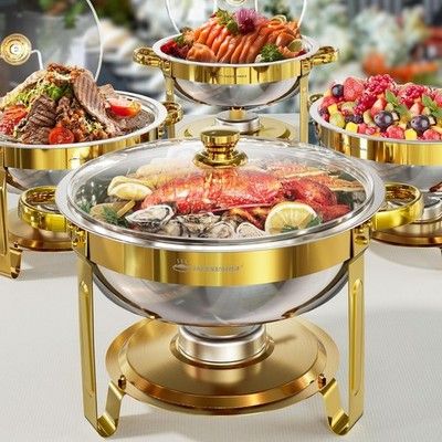 IMXSUMDA 4 Pack 5QT Gold Round Chafing Dish Buffet Set w/ Glass Lid Food Warmer