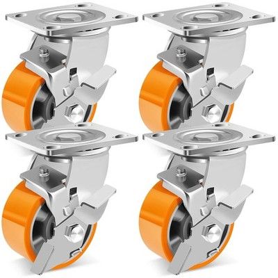 W B D WEIBIDA 4in Industrial Casters 4-Pack 3200lb Brake Polyurethane Plate