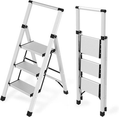 AOPENG 3 Step Aluminum Folding Step Ladder 600lb Heavy Duty Stool w/ Handrail