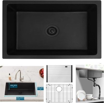 Muiceon 30in Undermount Kitchen Sink Matte Black Nano Stainless 16 Gauge Single