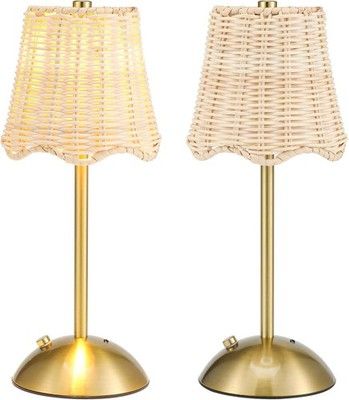 Grinsvalley 2-Pack Woven Table Lamp 12in Portable Cordless Rechargeable Rattan