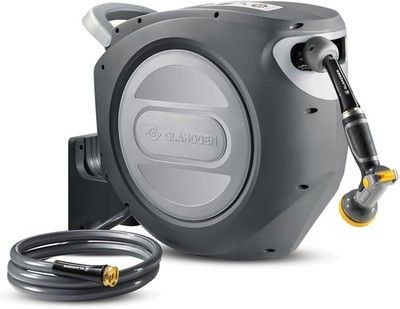 GLAHODEN Retractable Garden Hose Reel 5/8in x 115ft Metal Bracket Ratchet Lock