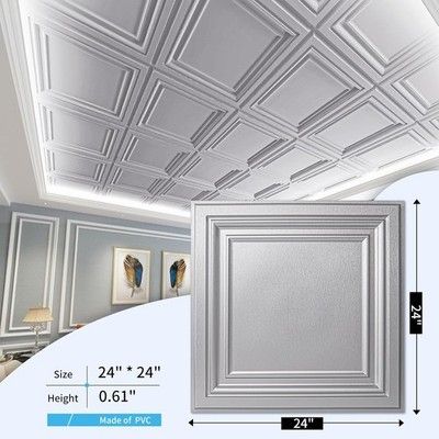 Art3d PVC Ceiling Tiles 2x2ft Plastic Sheet Argent Silver 12-Pack Drop Ceiling