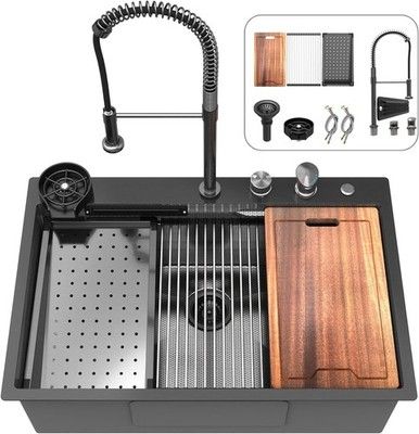 Feibus 33x22in Waterfall Kitchen Sink Black Metal Drop-In Faucet Combo Double