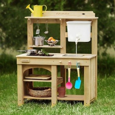 Tiny Land Outdoor Mud Kitchen Kids Wooden Play Kitchen Water Tank Weather Resist