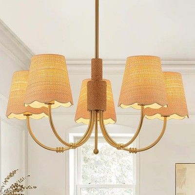 SUETONG 5-Light Hand-Woven Rattan Chandelier Antique Brass Farmhouse Boho Drum